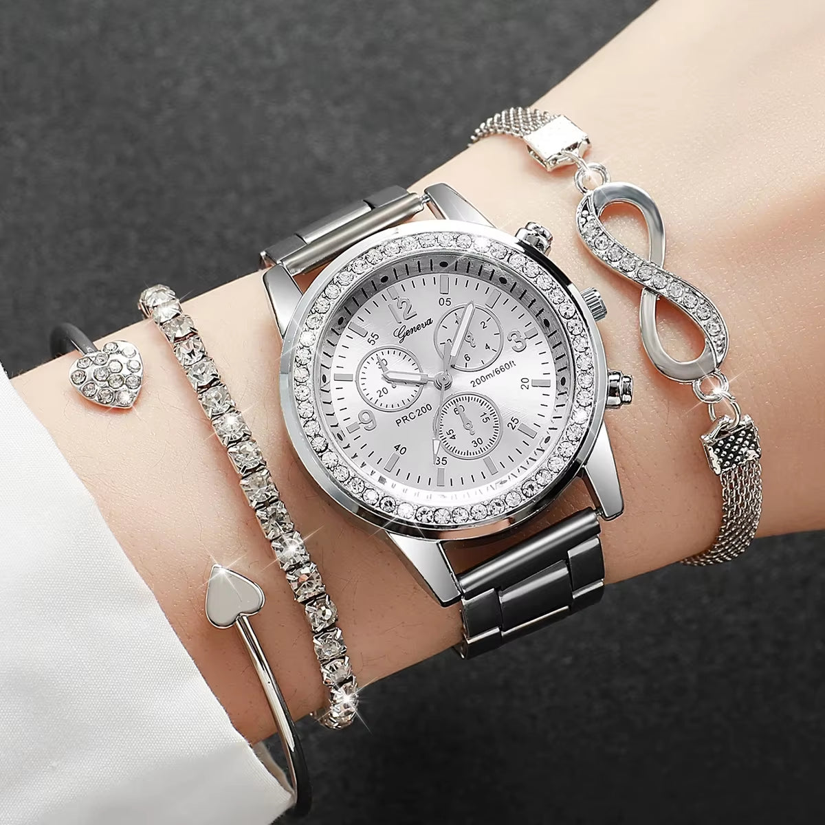 4Pcs/Set Fashion Rhinestone Women Watches Luxury Steel Band Ladies Quartz Watch Bracelets Set Reloj Mujer（Without Box）