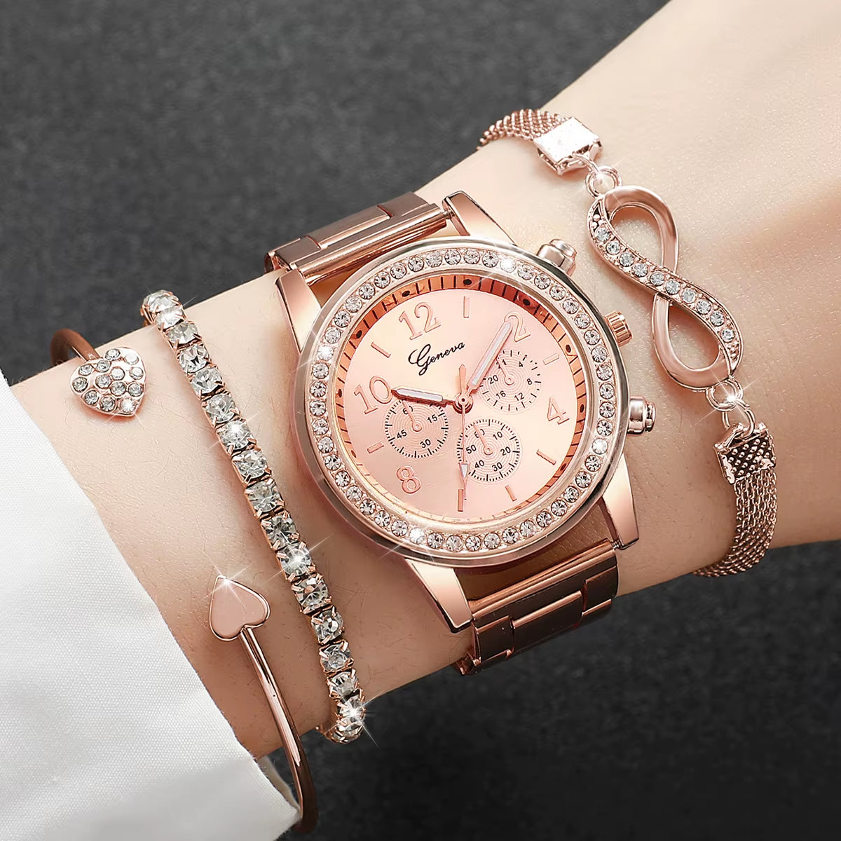 4Pcs/Set Fashion Rhinestone Women Watches Luxury Steel Band Ladies Quartz Watch Bracelets Set Reloj Mujer（Without Box）