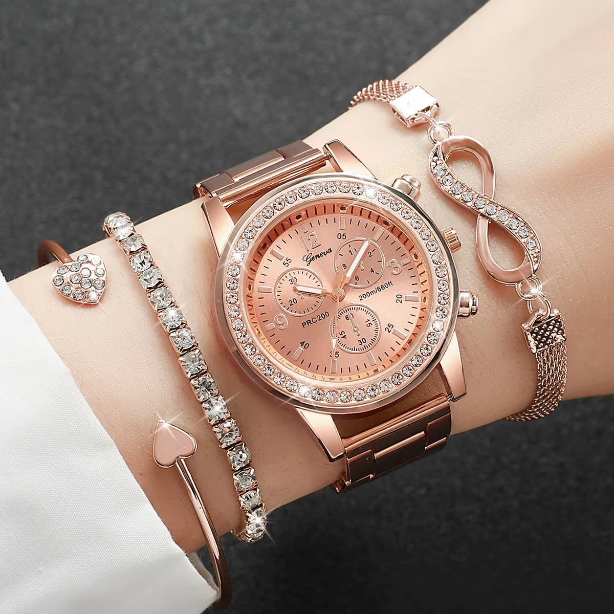 4Pcs/Set Fashion Rhinestone Women Watches Luxury Steel Band Ladies Quartz Watch Bracelets Set Reloj Mujer（Without Box）