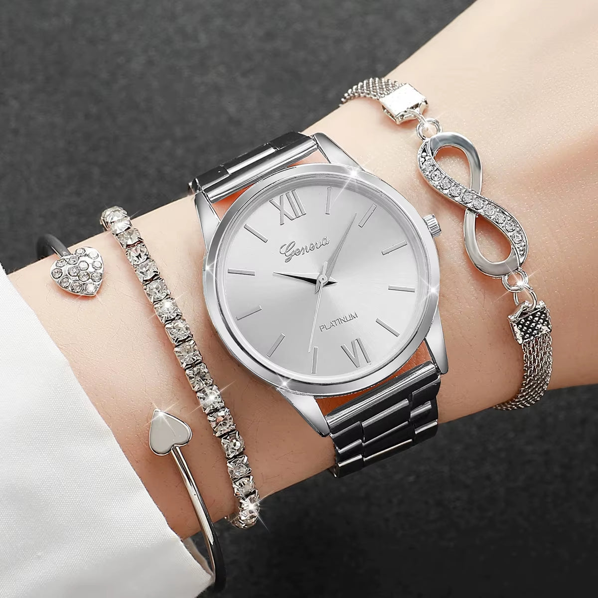 4Pcs/Set Fashion Rhinestone Women Watches Luxury Steel Band Ladies Quartz Watch Bracelets Set Reloj Mujer（Without Box）