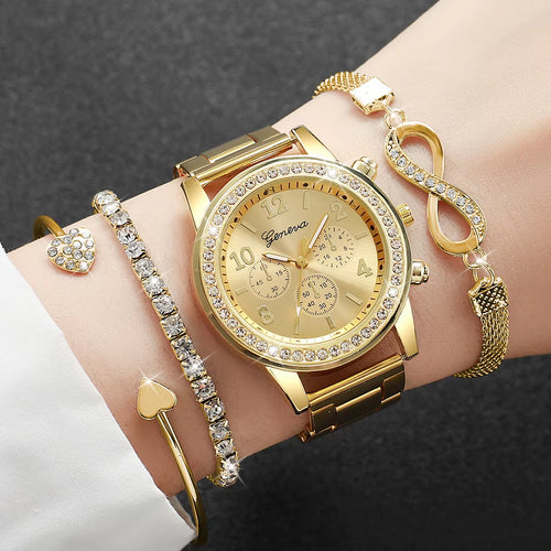 4Pcs/Set Fashion Rhinestone Women Watches Luxury Steel Band Ladies Quartz Watch Bracelets Set Reloj Mujer（Without Box）