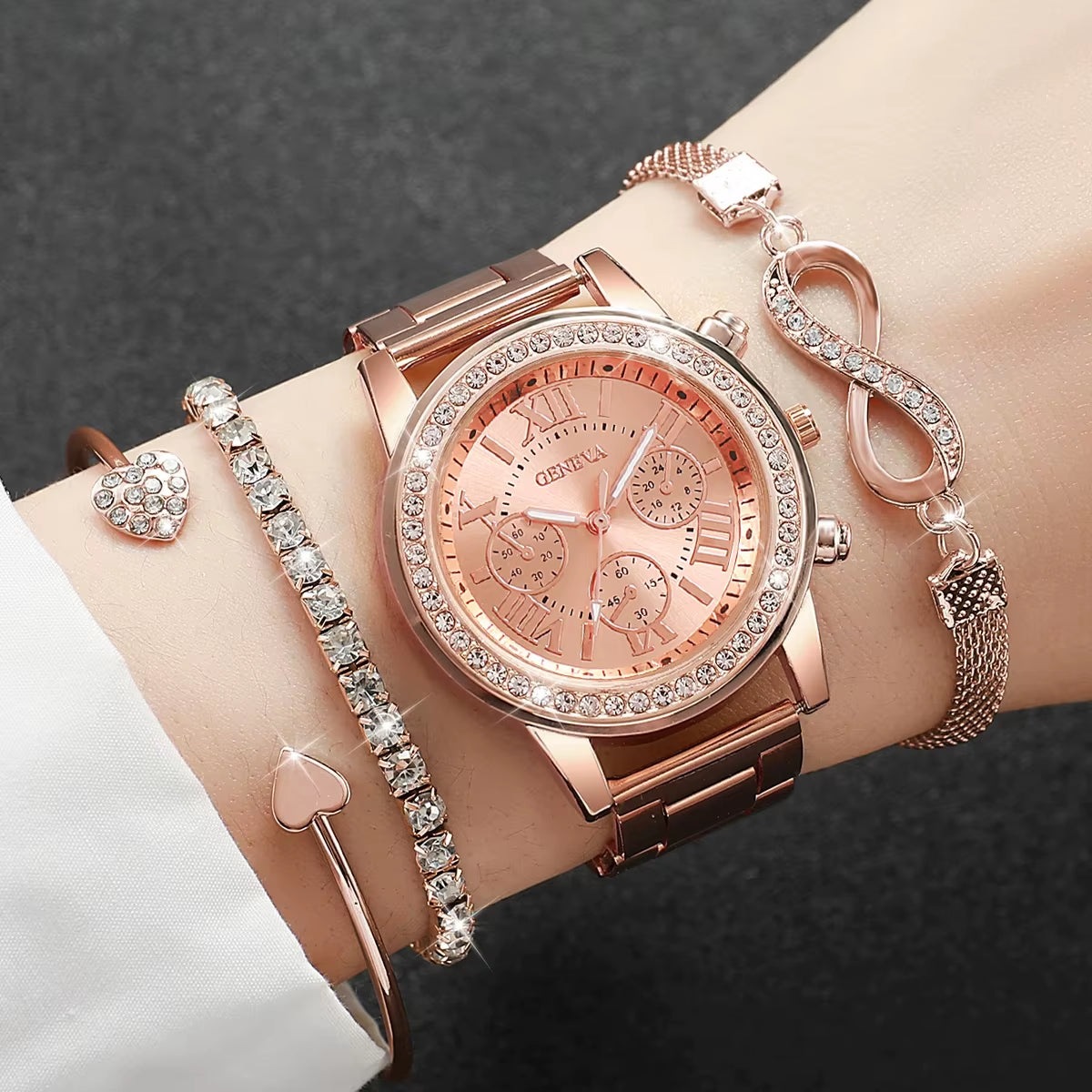 4Pcs/Set Fashion Rhinestone Women Watches Luxury Steel Band Ladies Quartz Watch Bracelets Set Reloj Mujer（Without Box）
